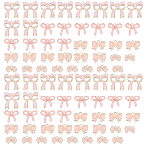Moguri 40 ciondoli a forma di fiocco rosa fai da te per bracciali, gioielli fai da te, perline per portachiavi, connettori per gioielli, artigianato per braccialetti