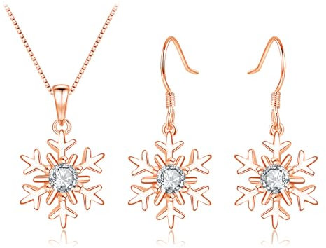 Cangall Silber Weihnachten Schmuck Set Damen, Sterling Silber Schneeflocke Halskette & Ohrringe Hängend Set mit Zirkonia, Hypoallergen Rose Gold Weihnachts Schmuckset für Frauen Mädchen zum Winter