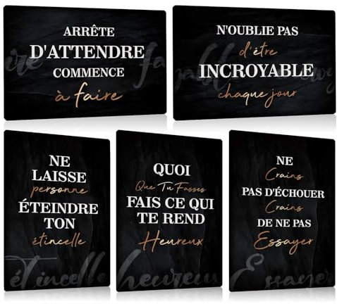 Lot de 5 - Plaque Metal Vintage Positive Citation Française - 20x30cm - Decoration Murale Citation