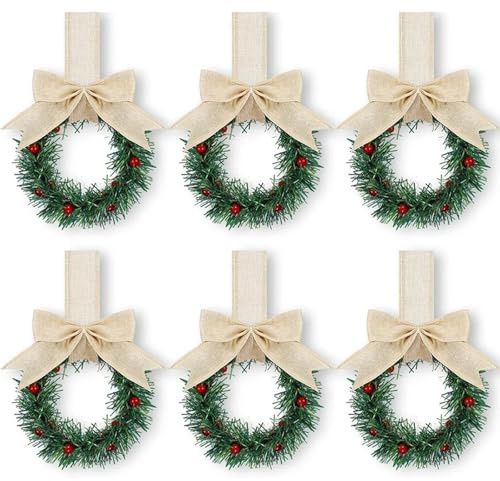 Weihnachtskränze für Küchenschrank, mit Band, 6PC, Mini-Weihnachtskranz mit künstlichen grünen Blättern, Kugelkranz für Weihnachten, Fenster, Wand, Haustür, Dekoration(Beige)