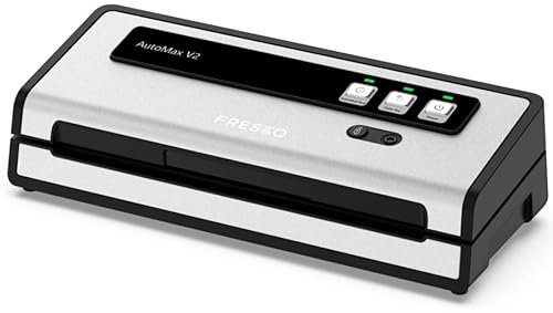 FRESKO Automatische Vakuumiergerät, 140W Vakuumierer mit Doppelte Heißsiegelung, Trocken-/Feuchtmodus, Einhand-Bedienung,mit 10 Vorgeschnittenen Beuteln und 4 Einmachglasdeckel-Set (Automax V4)