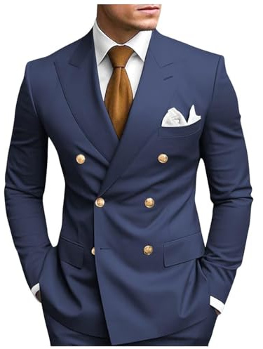Ensemble blazer 2 pièces à double boutonnage pour homme, coupe ajustée, revers à revers, costume de smoking de mariage, Bleu marine/doré, XL