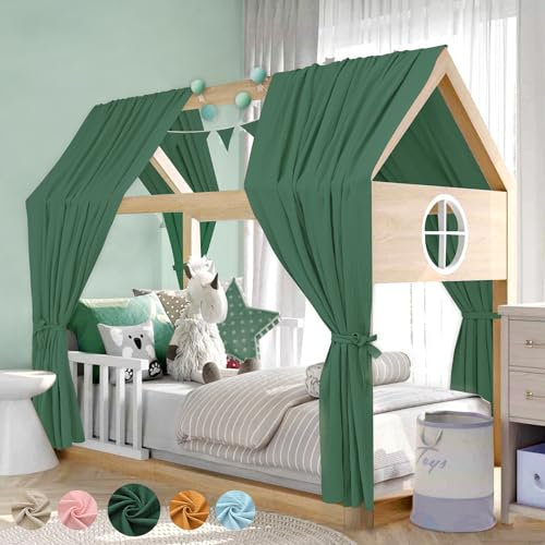 Alishomtll Hausbett Himmel Deko Set, 2 Betthimmel Hausbett aus 100% Baumwolle Musselin, 1 Wimpelkette 300cm, Kinderbett Baldachin Stoffhimmel für Mädchen Jungen Kinderzimmer, 67x270cm Grün