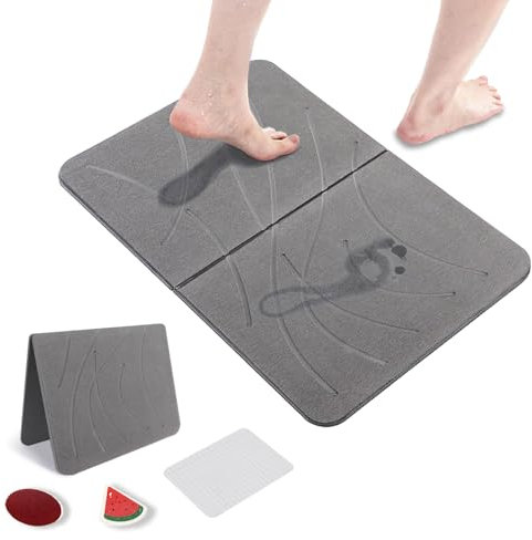 Stone Bath Mat - Natural Diatomaceous Earth Shower Mat, Non-Slip Super Absorbent Quick Drying Bathroom Floor Mat for Bathroom, Kitchen Counter - Foldable Diatomite Mat with Cleaning Tool (Engraving)