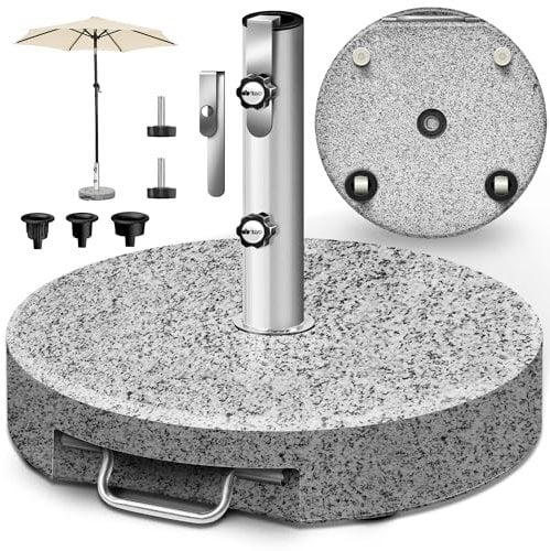 tillvex® Granit Sonnenschirmständer mit Rollen & Teleskopgriff 27 kg Rund | Schirmständer Sonnenschirm mit Edelstahlrohr | Balkonschirmständer für Schirmstöcke 16-48 mm & 250 cm Schirmdurchmesser