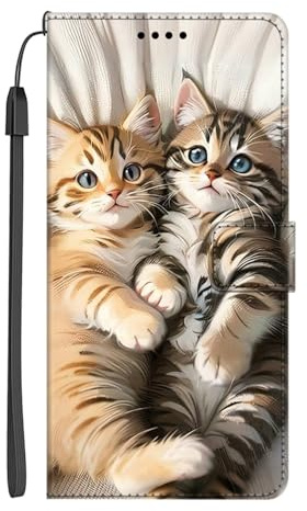 EuoDuo Klapphülle Kompatibel mit Oppo Find X2 Lite 5G Hülle zum Klappen PU Lederhülle Handyhülle Cover mit Tier Muster Magnet Kartenfach Flip Tasche Schutzhülle - Niedlich Zwei Katzen