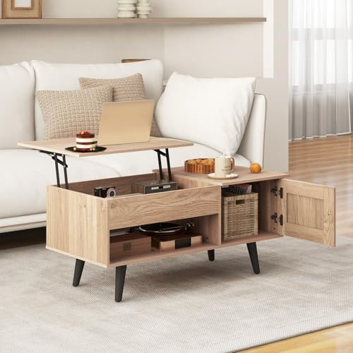 Multigot Lift Top Coffee Table, Lifting Cocktail Center Table with Hidden Storage Compartment, Door Cabinet and Open Shelf, Wooden Accent Snack Sofa Side Tea Tables for Living Room (Natural)