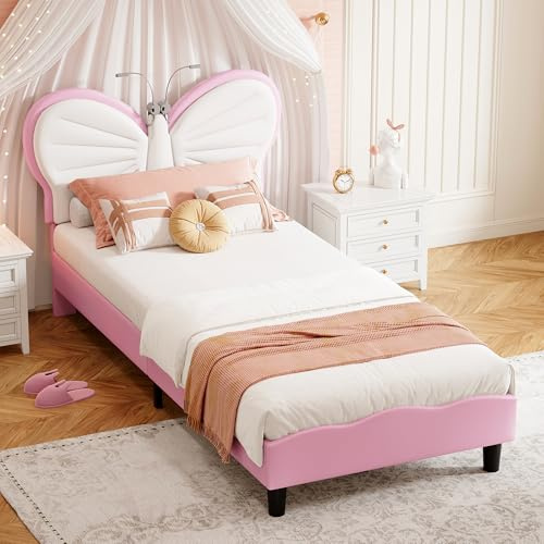 Kinderbett, gepolstert, 90 x 200 cm mit Kopfteil, Prinzessinnen-Bett für Mädchen, mit LED, Kopfteil mit Schmetterling, höhenverstellbar, für Jugendliche, Mädchen, ohne Matratze (Rosa, LED, 90 x 200 cm