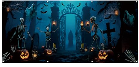 Halloween Garagentor Banner Abdeckung Mit 4 Ösen Garagentor Banner Dekorationen Friedhof Hintergrundbild Schild Set Kürbis Skeleton Horror Geburtstagsdekorationen Halloween Party Dekorationen