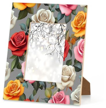Colorful Roses Red Pink Yellow Picture Frame 6x4 Wooden Photo Frames for Tabletop and Wall Display, Wooden Picture Frame Home Decor Gift Frame