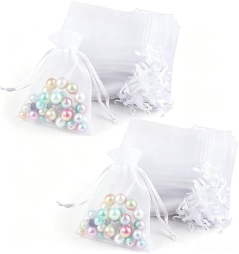 JoyEcho 100PCS Sachets Organza Pochon Blanc 7 x 9 cm, Sac Cadeau À Cordon Pochette Bijoux de Mariage pour Fête De Anniversaire Coquillage Bonbons Chocolat