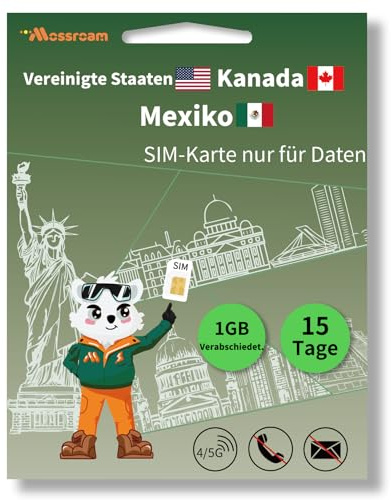 Nordamerika-Daten-SIM-Karte für Reisen – USA, Kanada und Mexiko, 1 GB 4/5G, tägliches LTE-Hochgeschwindigkeitsdatenvolumen für 15 Tage