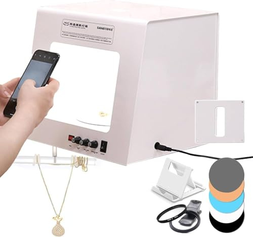 Lichtbox Und Softbox Für Fotostudios Mit Automatischem Drehteller Und Hängeständer, Dimmbares Aufnahmezelt Mit 4 LED-Leuchten + 5 Farbtafeln, Unterstützt Schwarz-Weiß-Hintergrundumschaltung 20cm