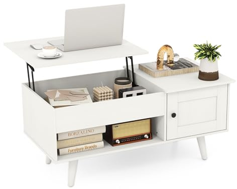 COSTWAY Lift Up Top Coffee Table, Wooden Lifting Cocktail Center Table with Hidden Storage, Door Cabinet and Open Shelf, Rectangle Sofa Side Tea Table for Living Room (Backward Top, White)