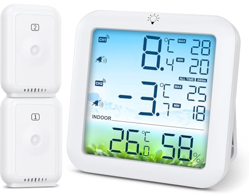 Ankilo Wireless Fridge Freezer Thermometer with 2 Sensors for Kitchen Home | Temperature Alarm, Max/Min Records, 328ft Range, Colour Display, USB/Battery Powered Digital Thermometer for Restaurant