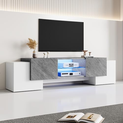 LANTRO JS TV Schrank, TV Lowboard Holz mit 2 Cabinets und 2 Aufbewahrungsplatten, Weiß und Grau, 180x40x46.5cm