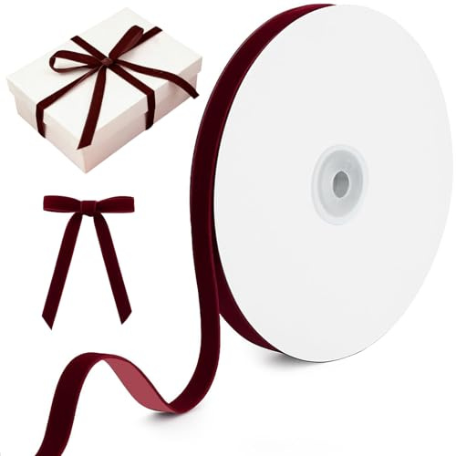 Burgundy Velvet Ribbon - 10mm x 22.8m (3/8 inch x 25 Yards) RARITYLL Single-Faced Roll for Gift Wrapping, Christmas Tree Decorations, Bows, Wedding & Craft Projects