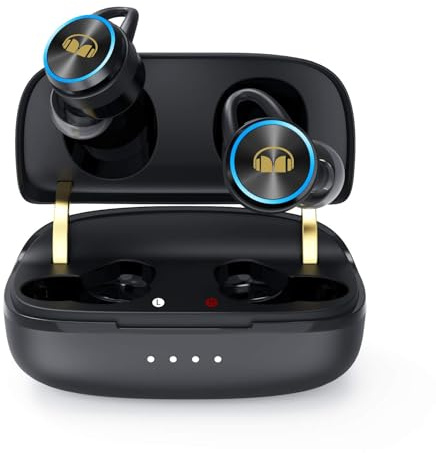 Monster Clarity 101Plus AirLinks - Auriculares inalámbricos Bluetooth de 5.3 pulgadas con funda de carga, auriculares estéreo, sonido de graves profundos, 28 horas de reproducción, diseño resistente