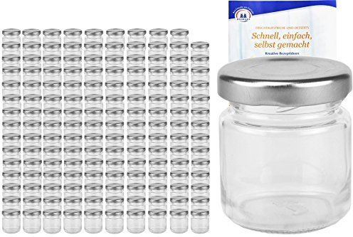 MamboCat Lot de 200 bocaux ronds de 53 ml avec couvercle argenté TO 43 avec livret de recettes Diamant Gelierzauber (français non garanti), bocaux, conserves, bocaux de conservation, mini bocaux à