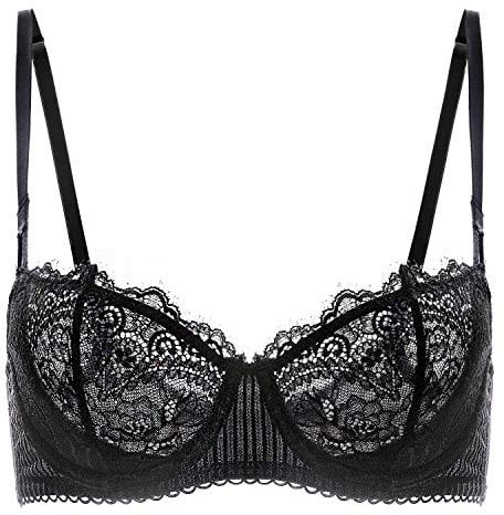 DOBREVA Women's Lace Balconette Bra Half Cup Non Padded Push Up Underwire Sheer Bras Black 34D