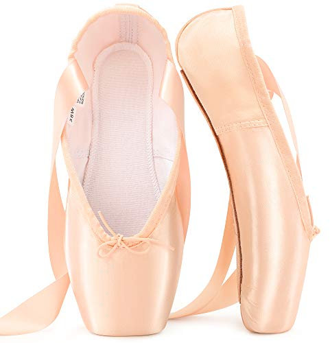 Chaussures de Ballet de Pointe Chaussures de Danse Professionnelles Roses avec Ruban Cousu et Coussinets en Silicone pour Filles Femmes,Rose,33 EU