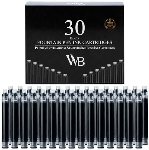 Wordsworth & Black 30 Pack Fountain Pen Ink Refills - Set of 30 Black Ink Cartridges - International Standard Size - Length APPR 2.3 - Base Diameter APPR 0.24 - Disposable and Generic