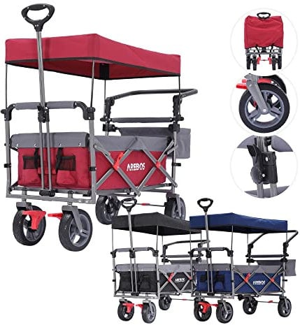 Arebos Bollerwagen Premium faltbar mit Dach | Handwagen | Faltwagen | Transportwagen | klappbar | bis 100 kg Tragkraft | Vorder- und Hinter-Bremse | Inkl.Tragetasche | Rot