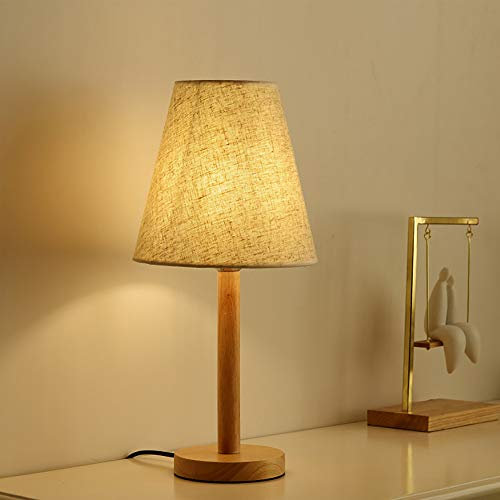 Mengjay Nachttischlampe Holz Vintage E27 Tischlampe Retro für Hotel Kinderzimmer Schlafzimmer Landhaus, Klein Rund Kinder Schreibtischlampe mit Lampenschirm, Ohne LED Glühbirne