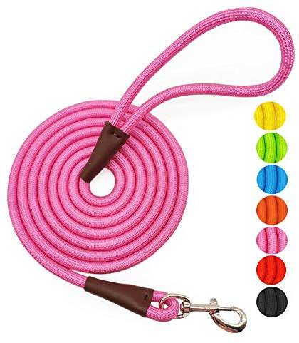 MayPaw 4FT/6FT/8FT/10FT Dog Lead, Classic Solid Colors, Strong Nylon Rope Dog Leash Reinforced with Leather Tailor Connection Heavy Duty Silver Clasp (10 ft*1/2, Pink)