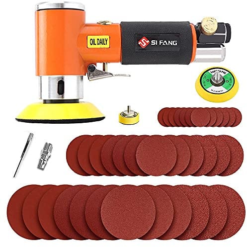 SI FANG Mini kit de lijadora orbital aleatoria, pulidora de aire para coche con 45 almohadillas de discos de lijado de 1, 2, 3 pulgadas, máquina de lijado de alta velocidad, herramientas de molienda