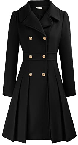GRACE KARIN Winter Vintage Wool Blends Coat Buttons Down Long Sleeves Duffle Pleated Peacoat for Women Black XXL