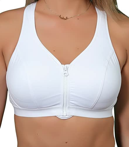 Gemm Womens Plus Size Medium Sports Bra High Impact Non Wired Zip Front Fastening UK White, 40E