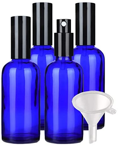 TIANZD 4 Pieces Empty 100ml Blue Glass Spray Bottle, Fine Mist Spray Bottles with Black Sprayer and Metal Cover for Perfume, Aromatherapy, Cosmetic Travel Containers Refillable, 1x Funnel
