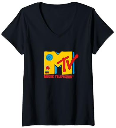 Damen MTV Logo Retro-Boombox T-Shirt mit V-Ausschnitt