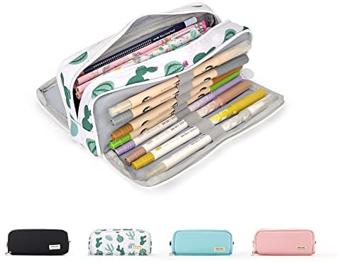Maomaoyu Large Storage Pencil Case with 3 Compartments for Girls and Boys, Big Capacity Aesthetic Pencil Bag 3 Deckers for School Supplies, Cactus