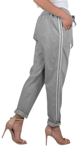 Mississhop 348 Damen Hose Freizeithose Baumwollhose Baumwolle mit Seitlichen Silberstreifen Glitzerstreifen Grau