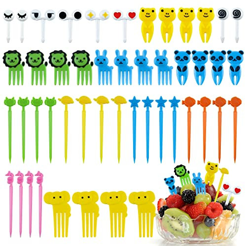 Hengxinchen 50 Pièces Plastique Fourchettes à Fruits,Réutilisables Fourchettes à Dessert,Mignon Animaux Forme Cure-Dents Fourchettes,pour Dessert Fruits Fête Enfants Halloween Noël(Coloré)
