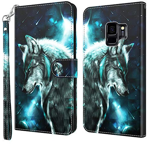 Rapuled Compatible with Samsung Galaxy S9 Case, Flip Shockproof PU Leather Wallet Phone Cover 3D Phone Case with Stand Magnetic Gel Silicone Bumper Protective Case for Samsung S9 (Wolf)