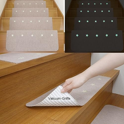 FuKuEn Beige Stufenmatten Leuchtend Waschbar Rutschmatte Treppenstufen Selbstklebend Stufenmatten Zuschneidbar Antirutsch Stufenmatten 7 Stück 55 x 21 cm