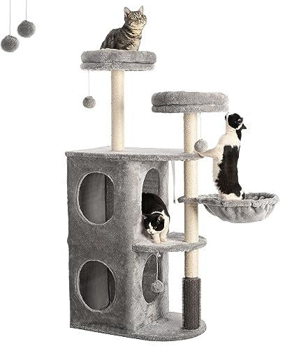 FourFurPets Kratzbaum 132 cm hoch, Katzenkratzbaum, mit 2 Höhlen, 2 Plattformen, Korb, Plüschbälle, Hellgrau