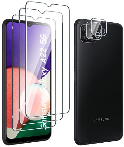 Fyqzio [3+2 Pièces Verre Trempé Pour Samsung Galaxy A22 5G et Caméra Arrière Protecteur,Sans Bulles,9H Dureté,Anti-Rayures,HD Film Protection Ecran pour Samsung Galaxy A22 5G