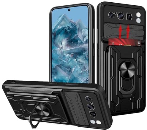 carinacoco Case for Google Pixel 8 Pro, with Slide Camera Cover+Rotating Finger Ring Stand+Removable Card Holder Anti-Scratch Military Grade Shockproof Rugged Hard Armour Cover, Black