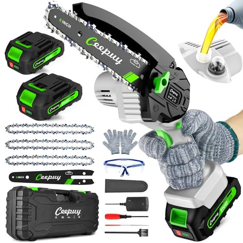 CEEPUY Mini motosega senza fili, sega elettrica portatile a catena da 15,2 cm, con oliatore automatico, alimentata a batteria, piccola sega a mano con blocco di sicurezza per alberi e rami, taglio del