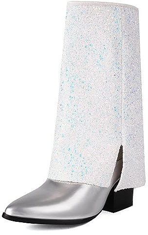 Stivali ripiegabili con Paillettes da Donna,Stivali alla Moda con Tacco Largo e Glitter Metallizzati al Polpaccio,Comodi Stivali da Cowboy Western al Polpaccio Largo,Argento,34 EU