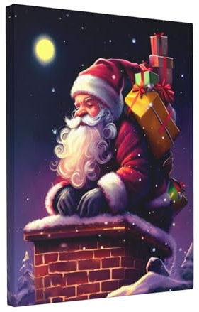 WEASYYDS Weihnachtsmann auf Schornstein Leinwand Wandkunst – Weihnachten Weihnachtsmann mit Geschenk-Bildern für Wanddekoration, Retro-Wandbilder, Winterfest, Geschenk, Wandkunst für Wohnzimmer,