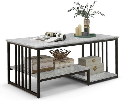 Multigot 3-Tier Coffee Table, Faux Marble Cocktail Center Table with Open Storage Shelves, Metal Frame Accent Sofa Snack Tea Table for Living Room Bedroom (Grey + Black)
