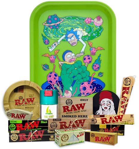 THE BOAT Regalo para Fumadores Bandeja para Liar Oficial Rick y Morty 25 x 19cm + Cenicero Raw + Bote Antiolor Papel Raw Organic, Black y Clasic King Size + Tips + Cono + Pegatinas (Mano Verde)