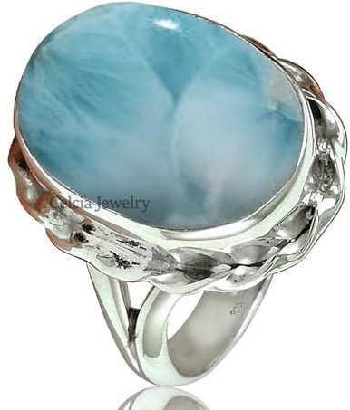 Larimar Natural Semi Precious Gemstone Oval Ring for Women, Solid 925 Sterling Silver Statement Ring, Solitaire Ring, Unique Wedding Gifts(Larimar, Size 7)