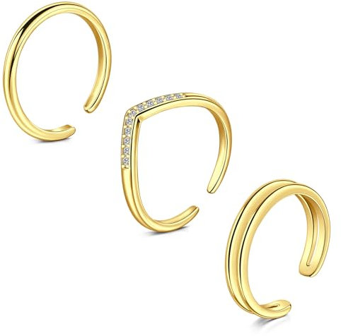 WillTen 3Pcs Gold Toe Ring Edelstahl einstellbar Bend Open Toe Ring, Plain Thin CZ Toe Finger Tail Ring Sommer Strand Fuß Schmuck Set für Frauen Männer