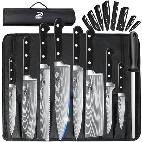 Dfito Juego de cuchillos con funda enrollable, juego de cuchillos profesionales de 8 piezas con bolsa, acero inoxidable de alto carbono, juego de cuchillos de cocina profesionales extremadamente